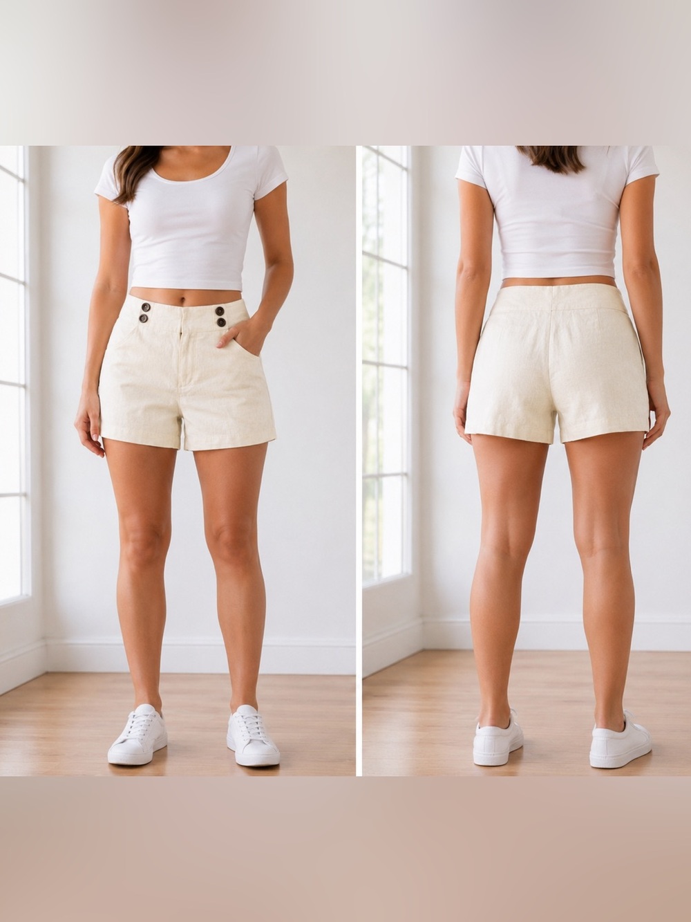 june & hudson Cream Linen  Blend Button High-Rise Shorts Size M - NWT